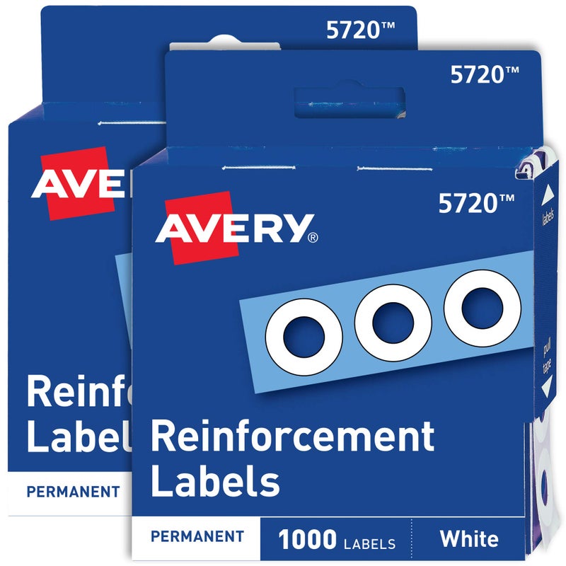 Avery Self-Adhesive Hole Reinforcement Stickers, 1/4"" Diameter Hole Punch Reinforcement Labels, White, Non-Printable, 1,000 Labels Per Pack, 2-Pack, 2,000 Labels Total (5615) - Image 1